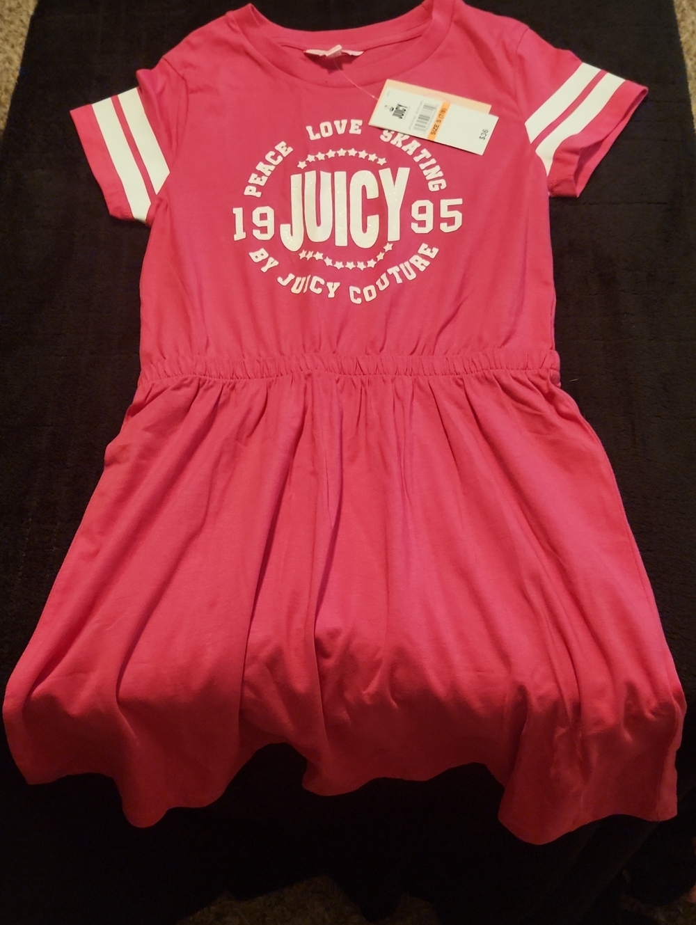 Juicy Couture Hot Pink Tee Dress with White Logo & Sleeve Stripes
